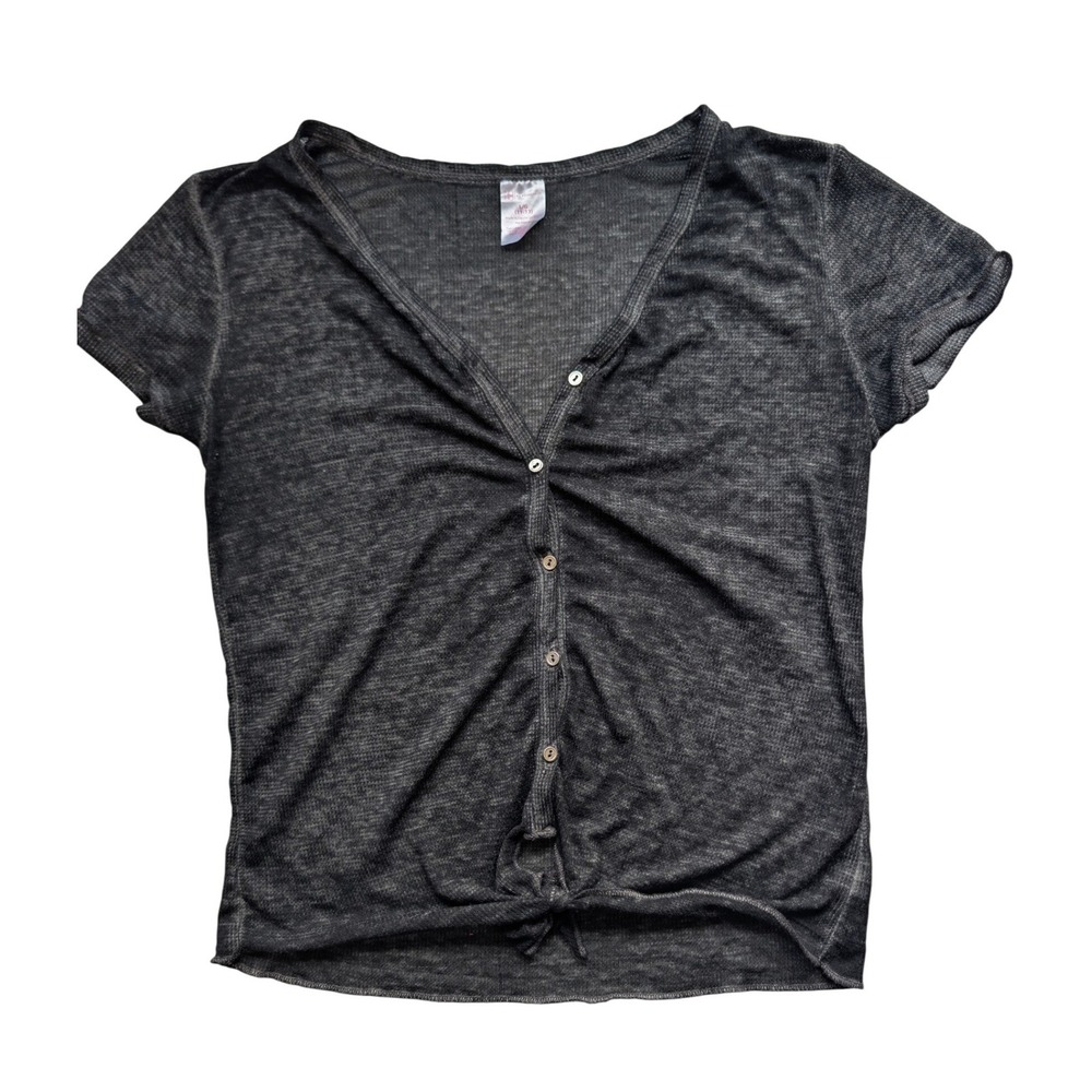 Womens Charcoal Gray Tie Front Button V-Neck Short Sleeve Top L Grunge Punk